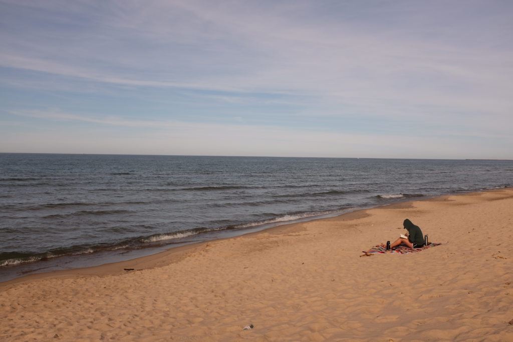 girl on Lake Michigan beach - visit by van